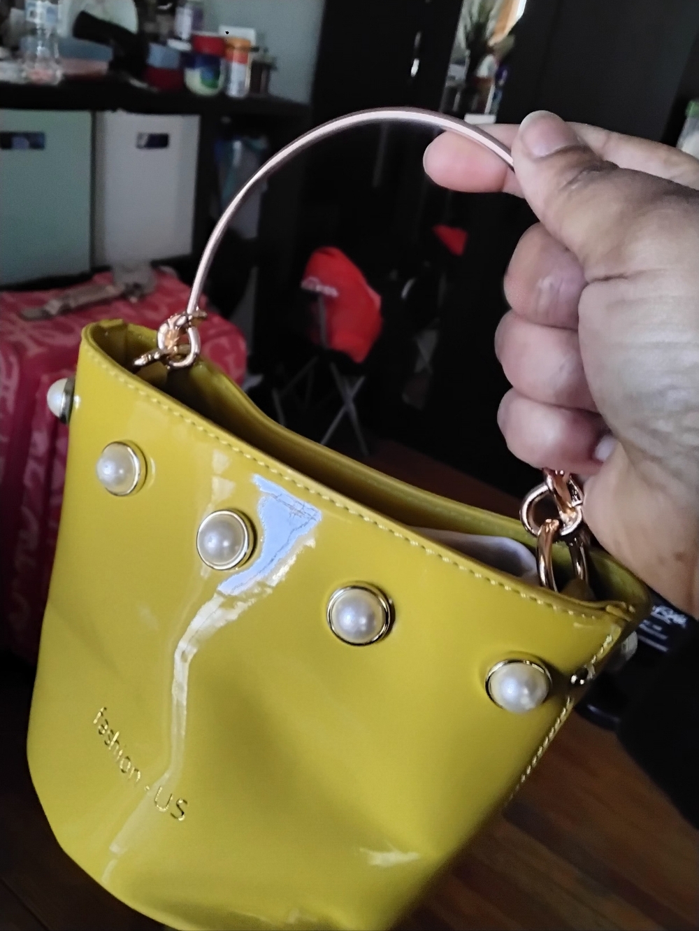 Yellow Pearl Accent Patent Top-Handle Bag